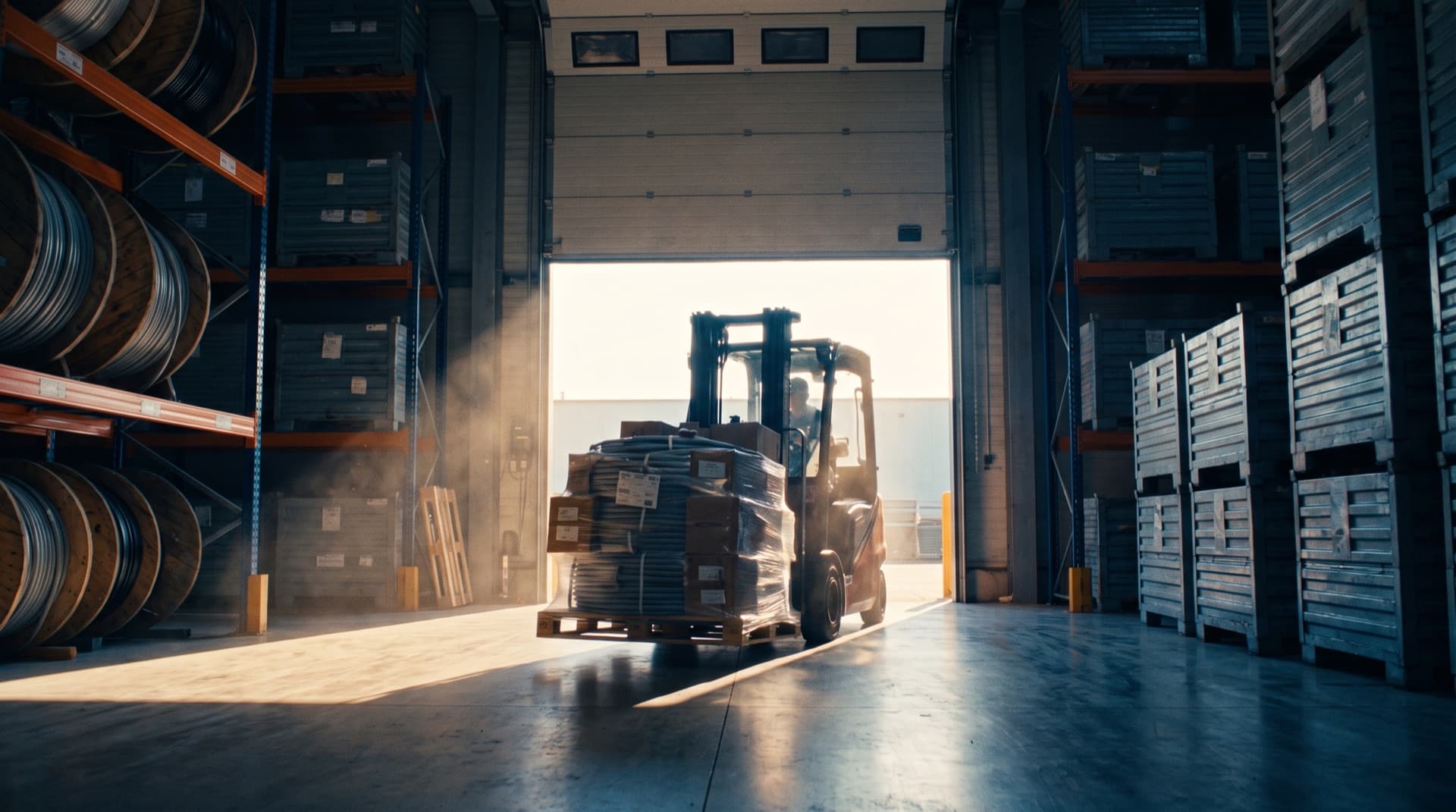 Montacargas saliendo de la bodega con un pallet de material eléctrico