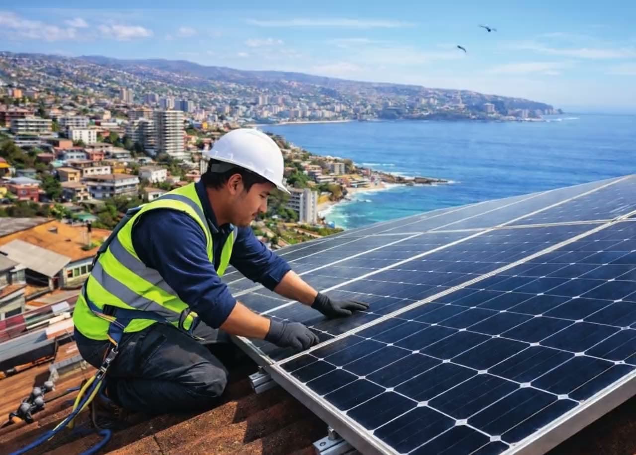 Técnico de VENERGÍA instalando un panel fotovoltaico con la bahía de Viña del Mar de fondo